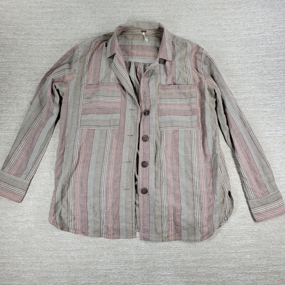Free People High Tide Shirt XS Tan Pink Womens Striped Oversized Button Up Boho